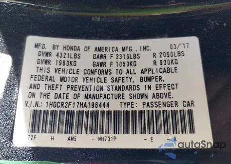 2017 Honda Accord Sport Se from USA, damaged, VIN 1HGCR2F17HA196444